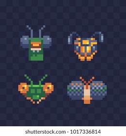 Insect heads. Pixel art 80 style set. Head fly and ant isolated vector illustration. Video game assets. 8-bit sprite. Sticker, logo and embroidery design. 
