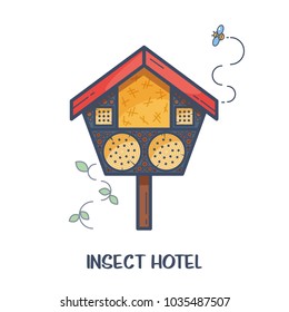 Insect hotel - decorated wood house with compartments and natural components. Home for garden useful pests like ladybugs, bees, butterflies, spiders. Vector illustration, flat style isolated on white
