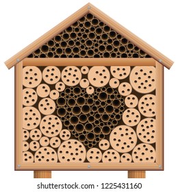 Insect hotel with heart. Symbol for loving insects and bugs. Wooden house with roof. Isolated vector illustration on white background.