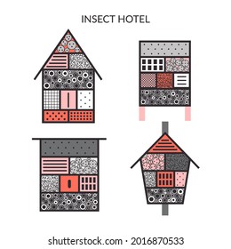 Insect hotels for gardens and farms made of wood with holes. Decorative bee and bugs house for gardens. Shelter for pollinators, wasps, ladybirds flat vector illustration set.