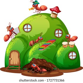 Insect house full of ants playing music on white background illustration