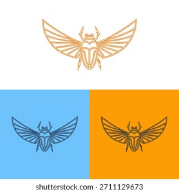 Se representa un icono de insecto con alas extendidas. La ilustración minimalista muestra arte lineal en diferentes tonos de naranja y azul. La composición se establece contra telones de fondo de colores sólidos. Este diseño es apropiado para diversas aplicaciones comerciales, incluyendo la marca y la publicidad, como un elemento de logotipo o recurso gráfico.