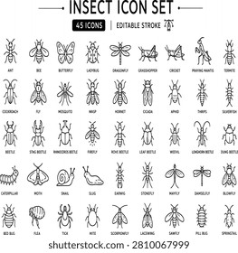 Insect Icon Set, 45 Editable Stroke Vector Line Icons