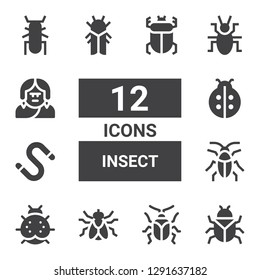 insect icon set. Collection of 12 filled insect icons included Bug, Beetle, Fly, Ladybird, Cockroach, Worm, Cicada, Troglodyte