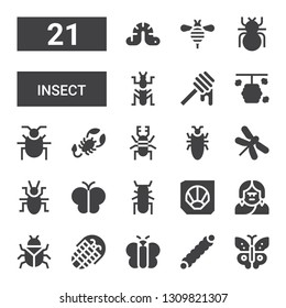 insect icon set. Collection of 21 filled insect icons included Butterfly, Caterpillar, Fossil, Bug, Troglodyte, Beetle, Dragonfly, Cockroach, Scorpion, Hive, Honey, Mantis, Bee