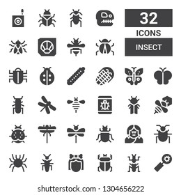insect icon set. Collection of 32 filled insect icons included Bug, Mantis, Beetle, Troglodyte, Insect, Dragonfly, Dragon fly, Ladybird, Bee, Cicada, Butterfly, Fossil, Caterpillar