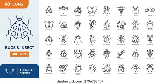 Insect icon set. Contain icons related to Insects and bugs. Editable stroke. Vector illustration