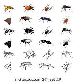 Icono de insecto. Juego de iconos de insectos. Plano, silueta y estilo lineal.