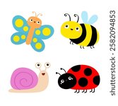 Insect icon set. Flying butterfly, bee bumblebee, lady bug ladybird, beetle, snail cochlea. Cute cartoon kawaii funny character. Valentines Day. Childish style. Flat design. White background. Vector