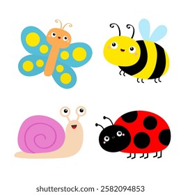 Insect icon set. Flying butterfly, bee bumblebee, lady bug ladybird, beetle, snail cochlea. Cute cartoon kawaii funny character. Valentines Day. Childish style. Flat design. White background. Vector