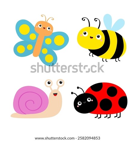 Insect icon set. Flying butterfly, bee bumblebee, lady bug ladybird, beetle, snail cochlea. Cute cartoon kawaii funny character. Valentines Day. Childish style. Flat design. White background. Vector