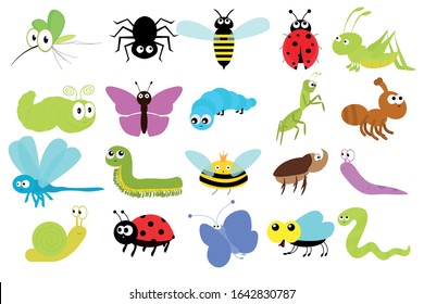 Insect icon set. Kawaii Ladybug, Mosquito, Butterfly, rhinoceros beetle, centipede, Grasshopper, Caterpillar, Spider, Fly, Snail, Dragonfly, Ant, Worm, slug, locust wasp, bee. Flat design. Vector