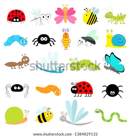 Insect icon set. Lady bug Mosquito Butterfly Bee Grasshopper Beetle Caterpillar Spider Cockroach Fly Snail Dragonfly Ant Lady bird Worm. Cute cartoon kawaii funny doodle character. Flat design. Vector