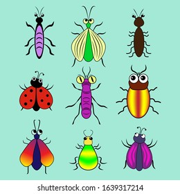 
Insect icon set. Ladybug. Beetles. Cute cartoon funny character doodle. Flat design, vector.