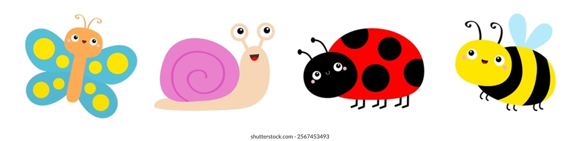 Insect icon set line. Flying bee bumblebee, butterfly, lady bug ladybird, beetle, snail cochlea. Cute cartoon kawaii baby character. Valentines Day. Childish style. Flat design White background Vector