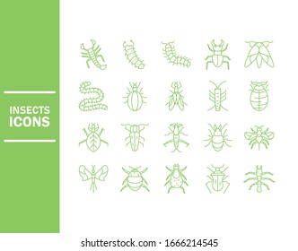 conjunto de iconos de insectos sobre fondo blanco, estilo de detalle de línea, ilustración vectorial