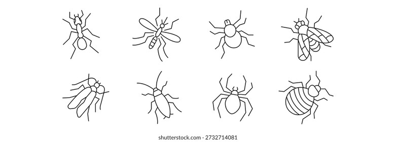 Conjunto de iconos de insectos, araña, mosquito, escarabajo, hormiga, mariposa, ilustración de insectos de la naturaleza.