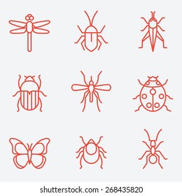 Insect icon set, thin line style, flat design