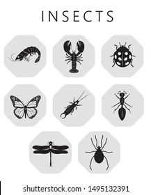 Insect Icons, Black Art, Vector Editable Filled Insect Icons - Shrim, Ant, Ladybird Beetle, Dragonfly, Earwig, Lobster, Spider, Butterfly