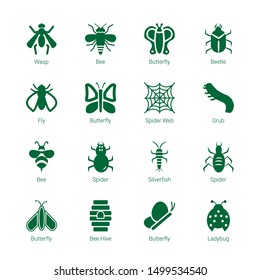 insect icons. Editable 16 insect icons. Included icons such as Wasp, Bee, Butterfly, Beetle, Fly, Spider web, Grub, Spider, Silverfish, Bee hive. insect trendy icons for web.