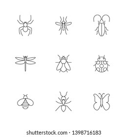 Insect icons pack. Isolated insect symbols collection. Graphic icons element. Ant, bee, beetle, bug, butterfly, cockroach, dragonfly, house fly, ladybug, mosquito, spider line icons