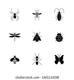 Insect icons pack. Isolated insect symbols collection. Graphic icons element. Ant, bee, beetle, bug, butterfly, cockroach, dragonfly, house fly, ladybug, mosquito, spider icons