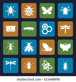 Insect icons set. set of 16 insect filled icons such as beehouse, dragonfly, beetle, butterfly, ant, fly, honey, bee, ladybug