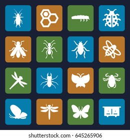 Insect icons set. set of 16 insect filled icons such as beehouse, dragonfly, beetle, butterfly, ant, fly, honey, bee, ladybug