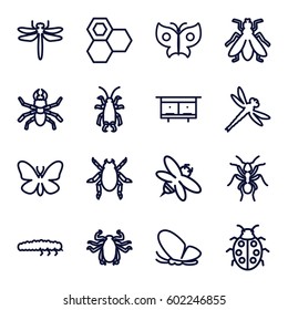 insect icons set. Set of 16 insect outline icons such as dragonfly, beetle, butterfly, ant, fly, beehouse, honey, bee, ladybug