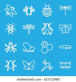 Insect icons set. set of 16 insect outline icons such as dragonfly, beetle, butterfly, ant, fly, beehouse, honey, bee, ladybug