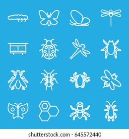 Insect icons set. set of 16 insect outline icons such as beetle, butterfly, ant, fly, beehouse, honey, bee, ladybug, caterpillar