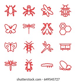 Insect icons set. set of 16 insect outline icons such as dragonfly, beetle, butterfly, ant, fly, beehouse, honey, bee, ladybug