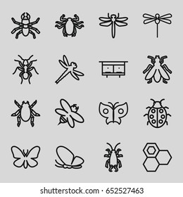 Insect icons set. set of 16 insect outline icons such as dragonfly, beetle, butterfly, ant, fly, beehouse, honey, bee