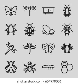 Insect icons set. set of 16 insect outline icons such as dragonfly, beetle, butterfly, ant, fly, beehouse, honey, ladybug