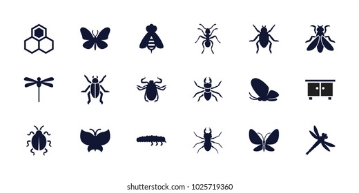 Insect icons. set of 18 editable filled insect icons: beetle, butterfly, ant, caterpillar, dragonfly, beehouse, fly, honey, bee