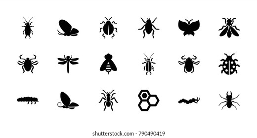 Insect icons. set of 18 editable filled insect icons: dragonfly, beetle, butterfly, honey, ladybug, caterpillar, ant, fly