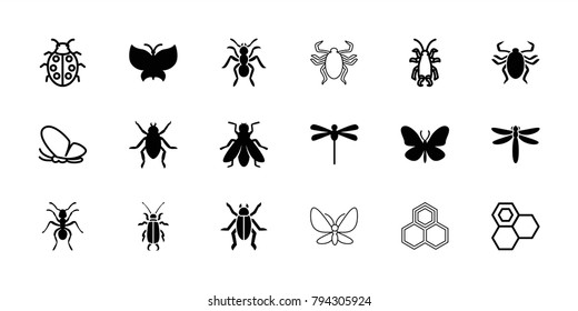 Insect icons. set of 18 editable filled and outline insect icons: beetle, ant, butterfly, fly, dragonfly, honey