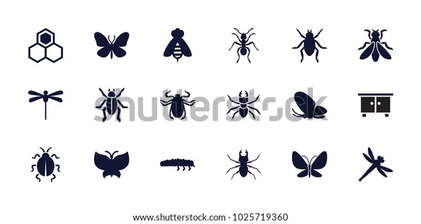 Insect icons. set of 18 editable filled insect icons:\
beetle, butterfly, ant, caterpillar, dragonfly, beehouse, fly,\
honey, bee
