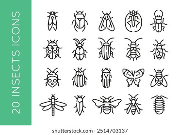 Ícones de inseto. Conjunto de 20 ícones mínimos da moda do inseto. Cicada, Besouro, Joaninha, Libélula, Ícone de borboleta. Sinais de design para página da Web, aplicativo móvel, design de embalagem. Ilustração vetorial