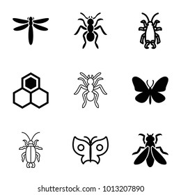 Insect icons. set of 9 editable filled and outline insect icons such as butterfly, beetle, dragonfly, ant, fly