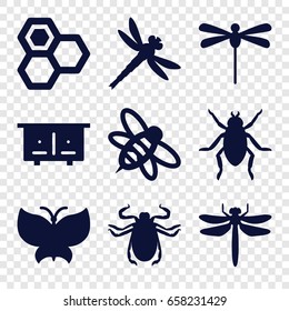 Insect icons set. set of 9 insect filled icons such as beehouse, dragonfly, beetle, honey, bee