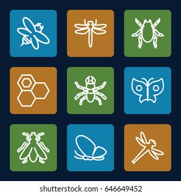 Insect icons set. set of 9 insect outline icons such as dragonfly, beetle, butterfly, fly, honey