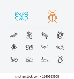 Insect icons set. Beetle and insect icons with mantis, snail and honey ant. Set of cartoon for web app logo UI design.