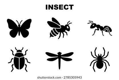 Insect Icons Set Featuring Butterfly, Bee, Ant, Beetle and Dragonfly
