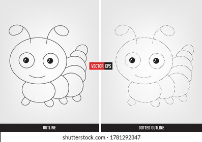 Insect illustration color and trace, tracing worksheet for preschool and kindergarten vector