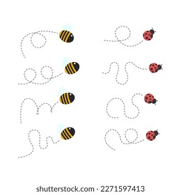 insect illustration design of bee and ladybug with trail behind. ladybugs and bees. flight trail. cute little bee and ladybug insect