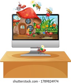 Insect kingdom on computer screen background illustration