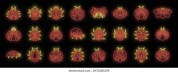 Insect ladybird icons set outline vector. Child fly. Insect bug neon color on black