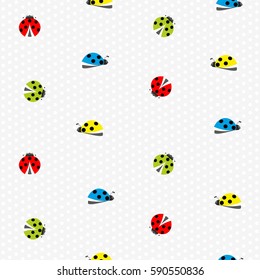 insect ladybug beetle colorful red yellow green blue with black dots on a gray background speckled vector seamless pattern