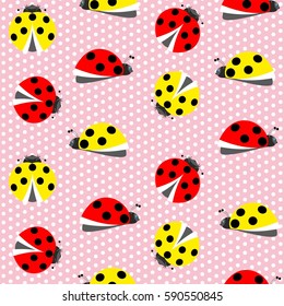 insect ladybug beetle colorful red yellow with black dots on a pink background speckled vector seamless pattern